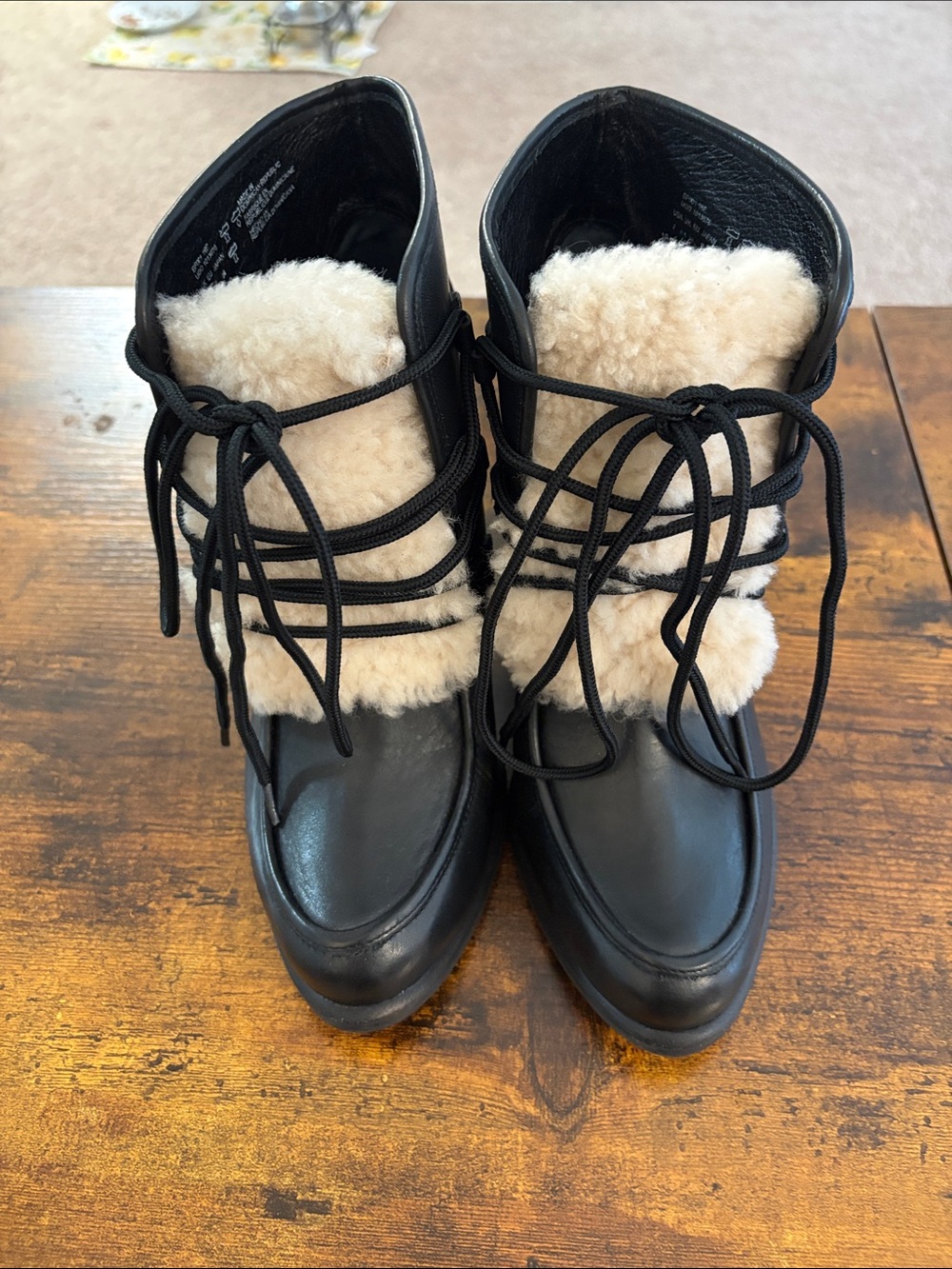 UGG Black Leather Lace-Up Winter Boots with Cream Shearling Trim